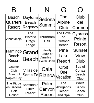 Diamond Resorts Bingo Card