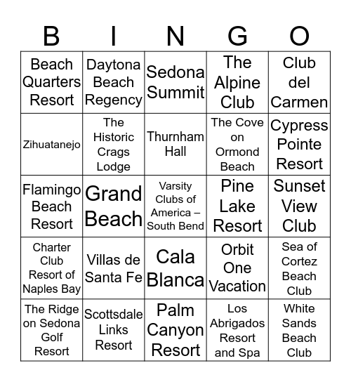 Diamond Resorts Bingo Card