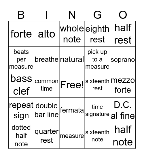 Music Bingo - Vocabulary Bingo Card
