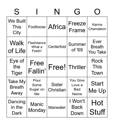 80's and 90's Rock Songs Bingo Card