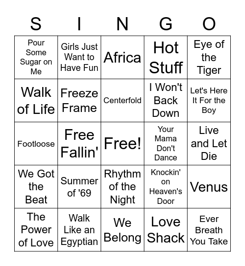 80's and 90's Rock Songs Bingo Card