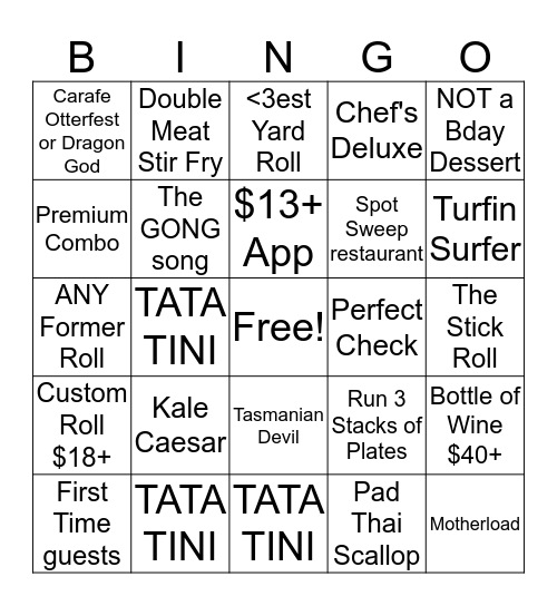 TATA Bingo Card