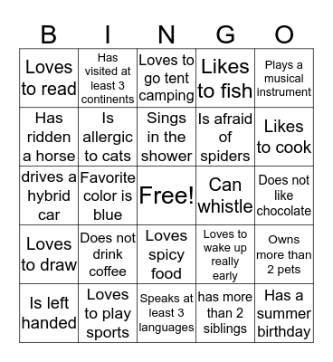 Getting To Know You  BINGO Card