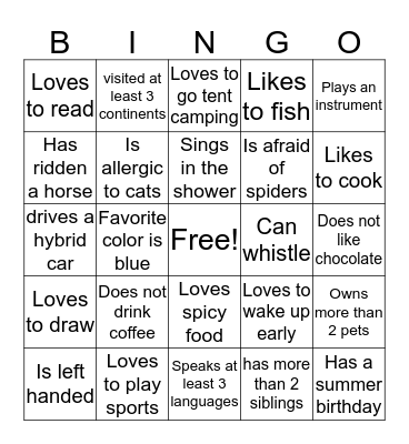 Getting To Know You  BINGO Card