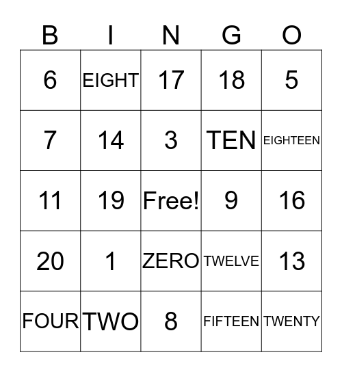 NUMBER Bingo Card