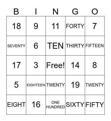 NUMBER Bingo Card