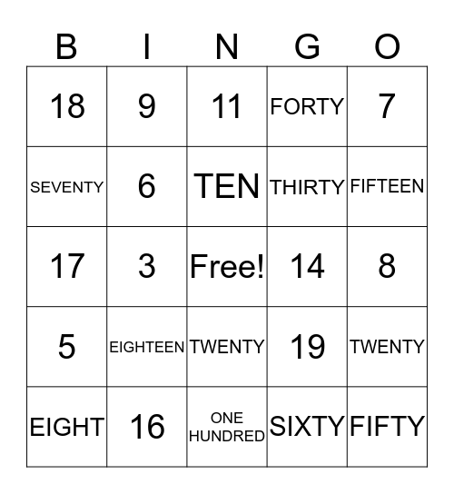 NUMBER Bingo Card