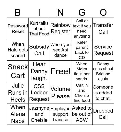 KinderCare Bingo Card