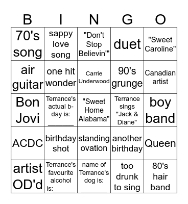 Terrance's 50th Birthday Bingo Card