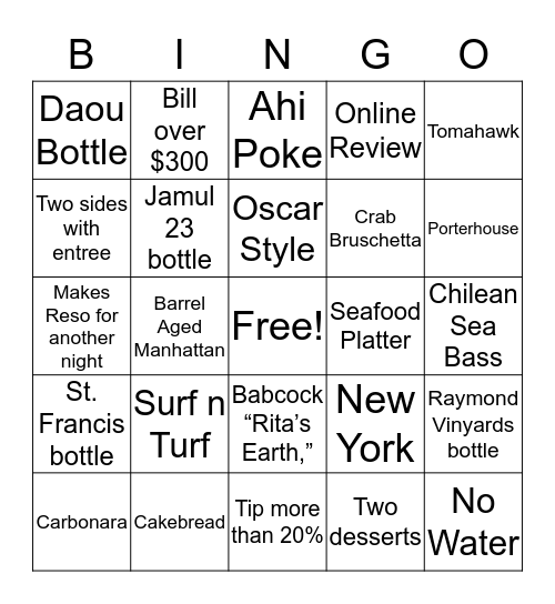 Prime Cut BINGO Card