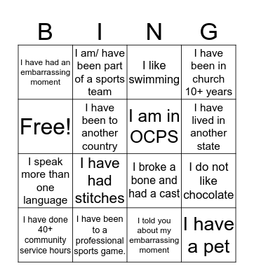"Get to Know you" Bingo Card