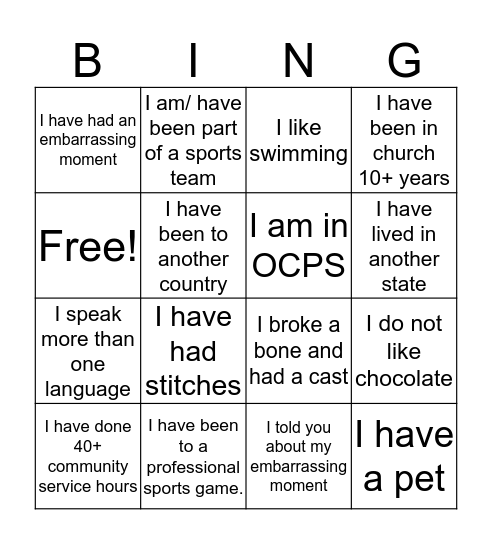 "Get to Know you" Bingo Card