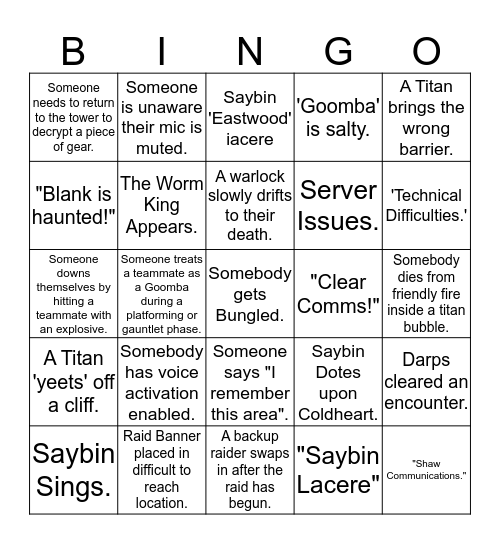 Darp Legion D2 Raid Bingo Card