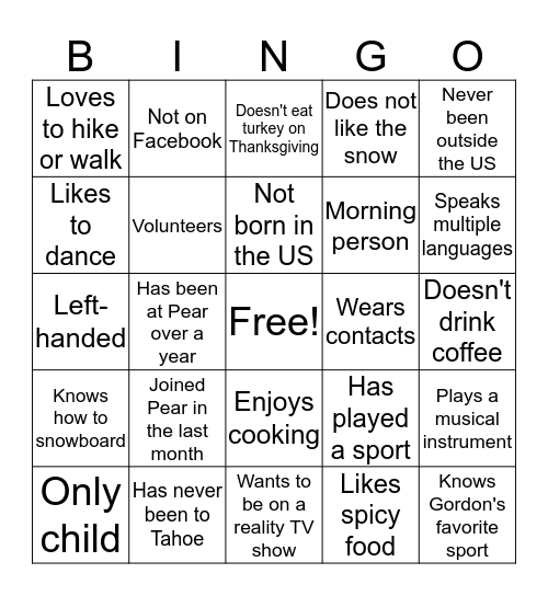 People Bingo: Get to know your Pear Peers! Bingo Card