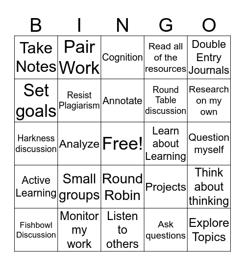 Metacognition Bingo Card