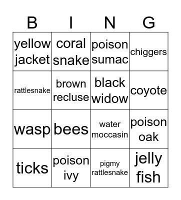Poisonous Plants and Dangerous Animals Bingo Card