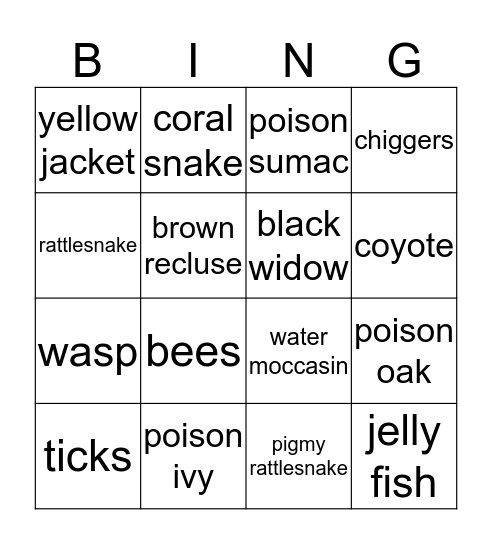 Poisonous Plants and Dangerous Animals Bingo Card