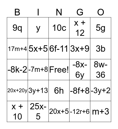 Combine like terms 7th grade Bingo Card