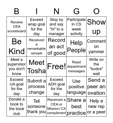 CCC Customer Service Week Bingo Card