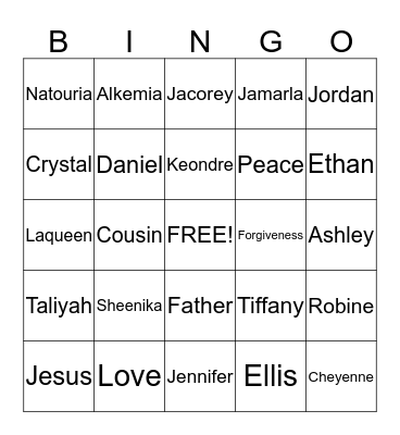 Family Night  Bingo Card