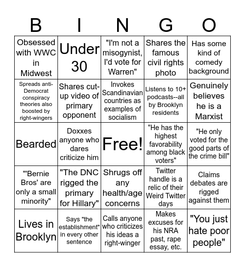 Bernie Supporter Bingo Card