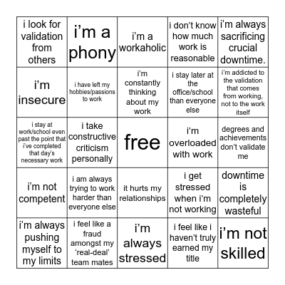 impostor syndrome: the superhuman Bingo Card