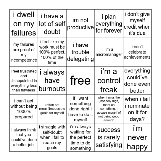 impostor syndrome: the perfectionist Bingo Card