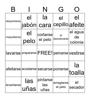 Reflexive Verbs Vocabulary Bingo Card