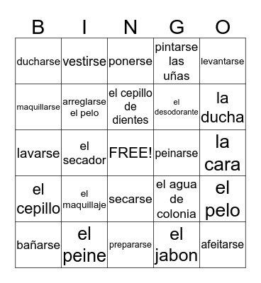 Reflexive Verbs Vocabulary Bingo Card