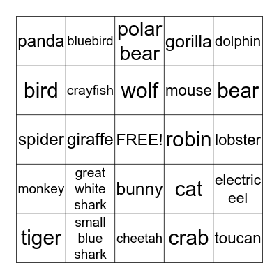 Sharks and Animals Bingo Card