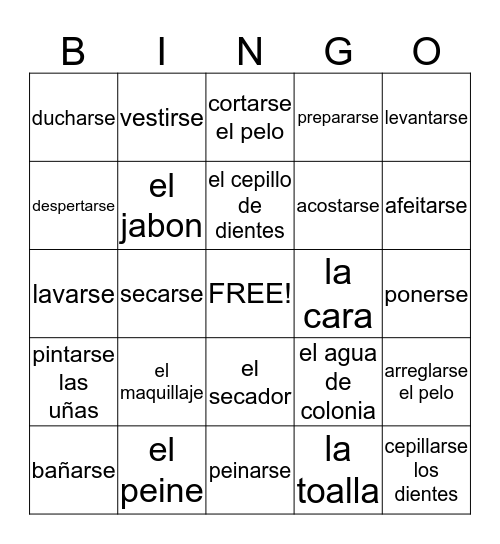 Reflexive Verbs Vocabulary Bingo Card