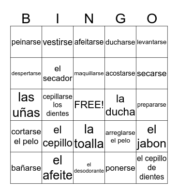 Reflexive Verbs Vocabulary Bingo Card