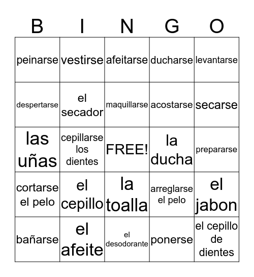 Reflexive Verbs Vocabulary Bingo Card