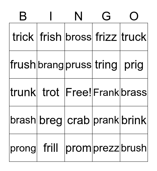 br, fr, pr, tr real/nonsense Bingo Card