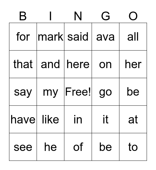 Ava's Bingo Card