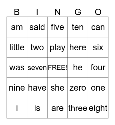 Sight words Bingo Card