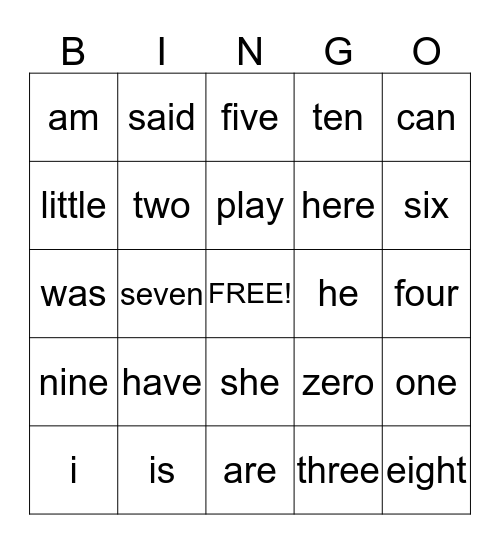 Sight words Bingo Card