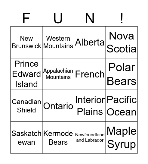 C A N A D A Bingo Card