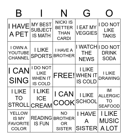 Getting To Know You Bingo Card