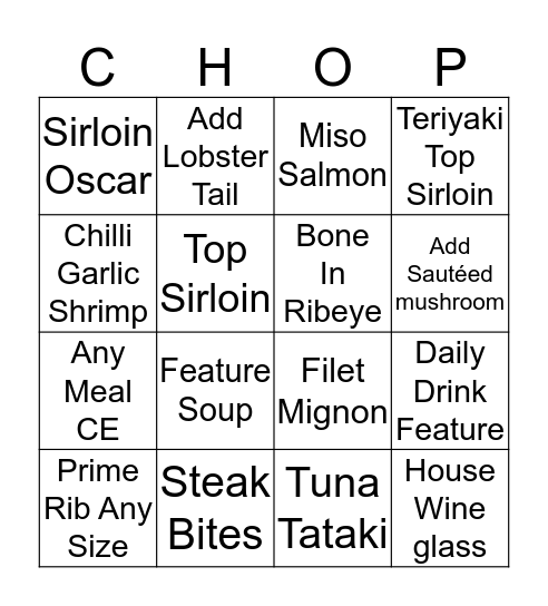 CHOP Bingo Card