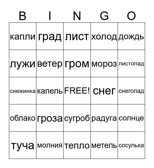 Явления природы Bingo Card
