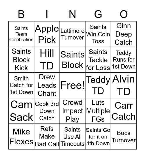 Saints VS Bucs Bingo Card
