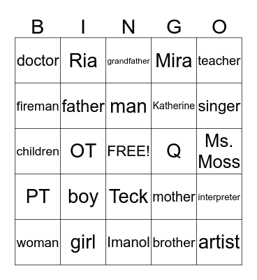 Nouns Bingo Card