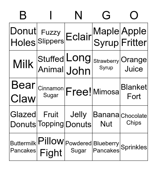 Donut Miss our Pajama Jam & Pancake Party Bingo Card