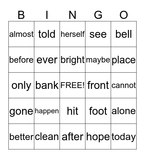 Second Grade Sight Word Bingo Card