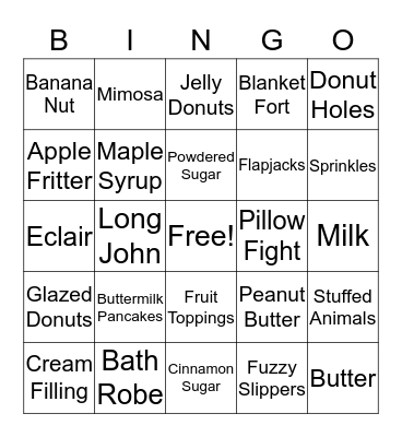 Donut Miss Our Pajama Jam & Pancake Party Bingo Card