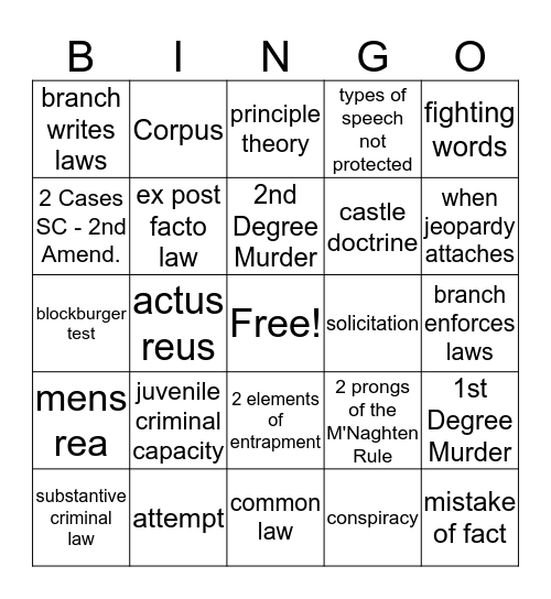 Criminal Law Mid Term Bingo Card