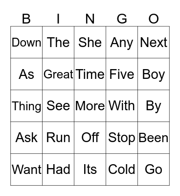 Sight Words Bingo Card