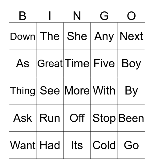 Sight Words Bingo Card