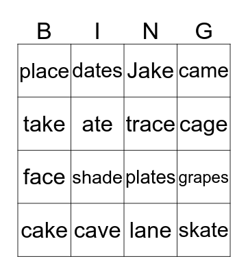 Long A CVCe Words Bingo Card